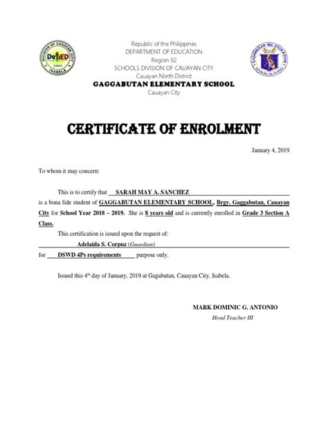 Certificate Of Enrolment Learning Behavior Modification