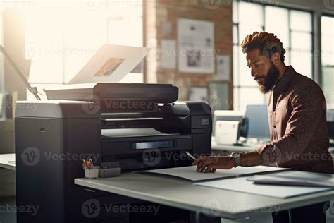 Professional photographer using an ink photo printer in a well-lit ...