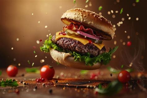 Premium Photo Delicious Hamburger With Flying Ingredients On Wooden Table