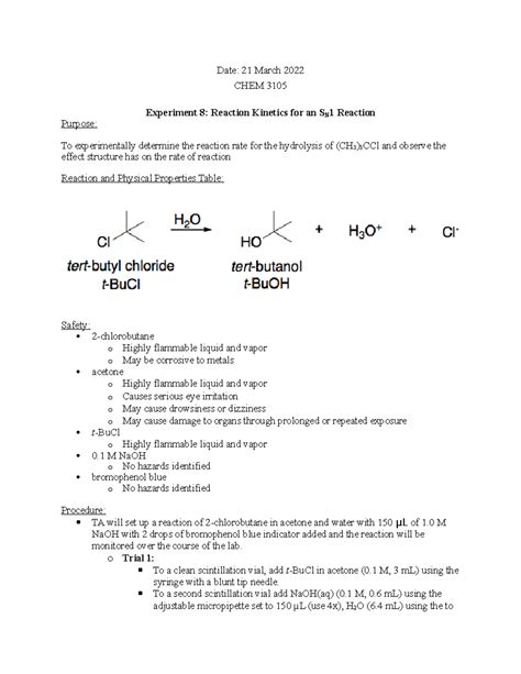 Lab 8 Reaction Kinetics For An Sn1 Reaction Date 21 March 2022 Chem 3105 Experiment 8