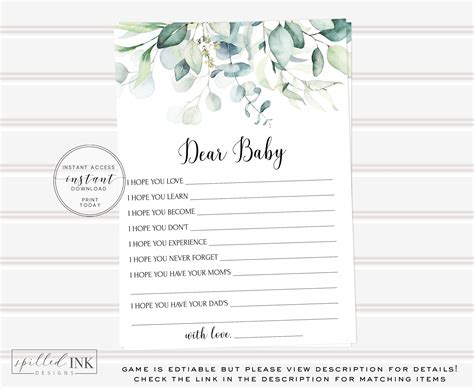 Editable Dear Baby Game Greenery Baby Shower Game Instant Download