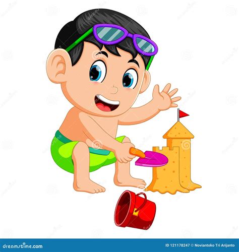 Funny Boy Making A Big Sandcastle At Beach Stock Vector Illustration