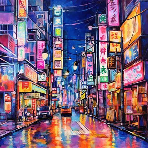 8 Japan Tokyo Neon Lights Watercolor Clipart High Quality Jpgs, Digital ...