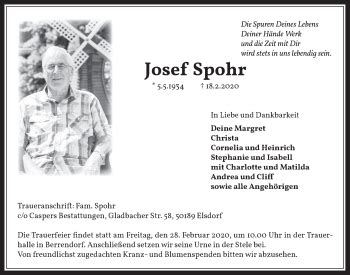 Traueranzeigen Von Josef Spohr Wirtrauern