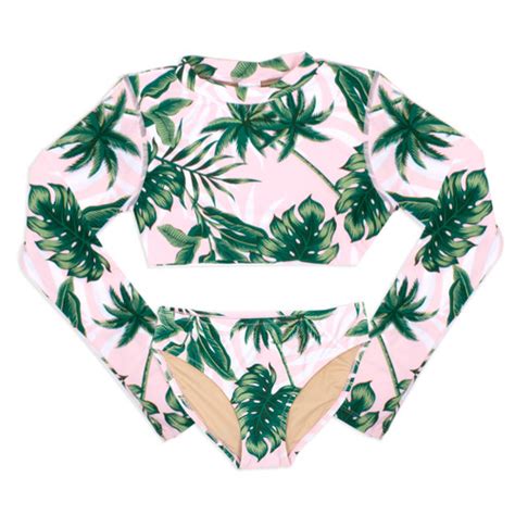 Two Piece Cropped Rashguard Set Tropical Pink Palm Shade Critters