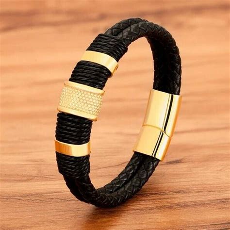 Armband Herren Leder Edelstahl Magnetverschluss Schwarz Gold Silber