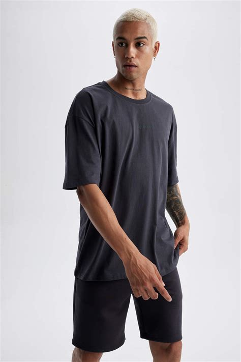 Anthracite MEN Oversize Fit Crew Neck Printed T Shirt 2835293 DeFacto