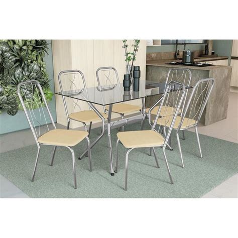 Sala De Jantar Completa Loire C Tampo Vidro 140cm 6 Cadeiras Viena Cromado Courano Nude