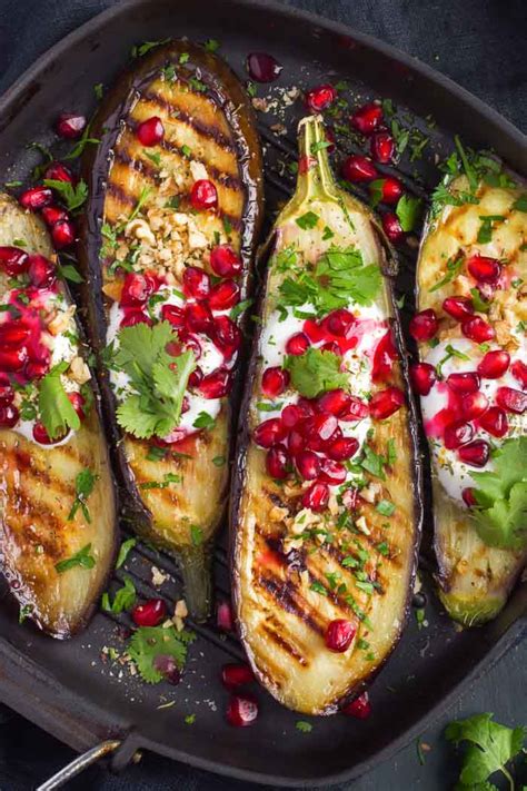 Grilled Eggplant With Garlic Yogurt Sauce Walnuts And Pomegranate