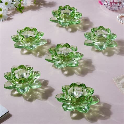 Lotus Glass Tea Light Holder Green Set Of 6 Online Premium Candle Holder Nestasia