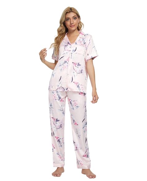 Mintlimit Womens Silk Satin Pajamas Set Short Sleeve Loungewear Two