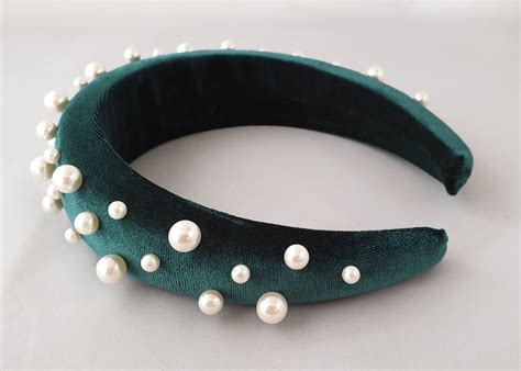 Dark Green Deeply Padded Puffy Velvet Headband Faux Pearl Etsy