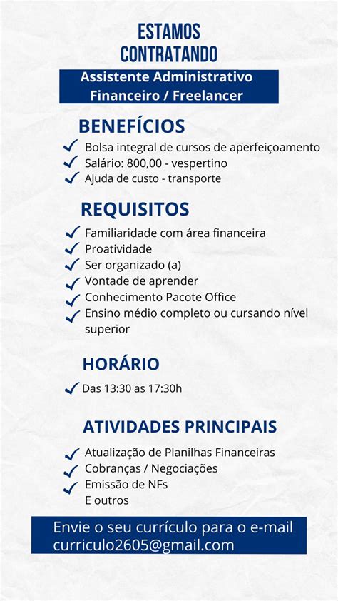 Empresa Seleciona Para Vaga De Assistente Administrativo Free Lancer