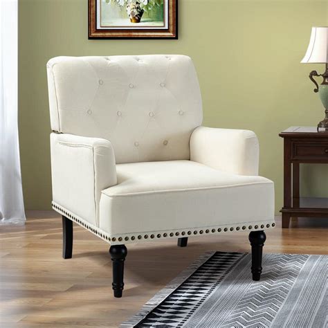 JAYDEN CREATION Enrica Ivory Tufted Comfy Velvet Armchair With Nailhead