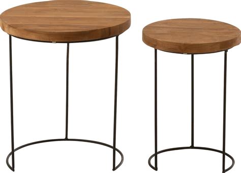 Bijzettafel set van 2 rond teak hout van WDMT ø 38 x 45 cm ø 28 x