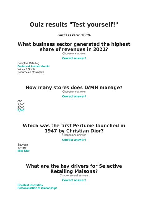 MID QUIZ 1 Inside LVMH Quiz Results Test Yourself Success Rate