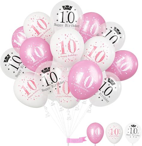 Amazon.com: Pink White 10th Birthday Balloons, Pack of 15 Happy 10th ...