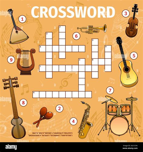 Musical instruments and sound waves crossword grid, worksheet to find ...