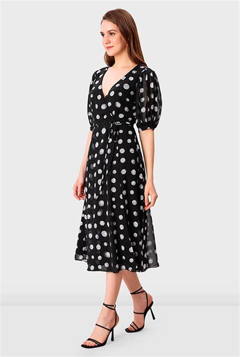 Shop Puff Sleeve Polka Dot Print Georgette Wrap Dress Eshakti