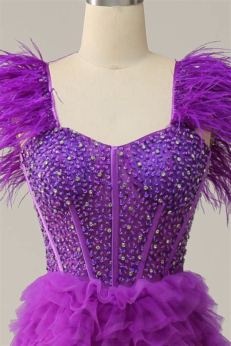 Zapakasa Women Sparkly Purple Beaded Tiered Long Prom Dress With Ruffles