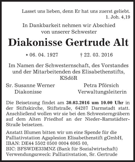 Traueranzeigen Von Gertrude Alt Vrm Trauer De