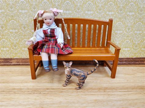 Dollhouse Garden Bench Large Classic Style Wood With Walnut Finish 112 Scale Miniature