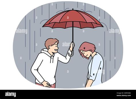 Caring Man Hold Umbrella Above Unhappy Distressed Woman Loving Male