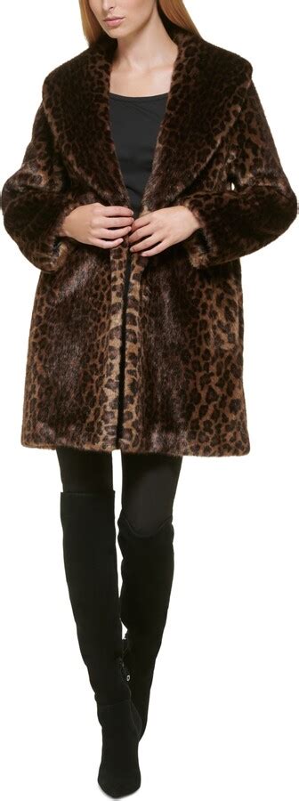 Donna Karan Donna Karen Womens Leopard Print Shawl Collar Faux Fur