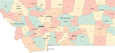 Multi Color Montana Map with Counties, Capitals, and Major Cities