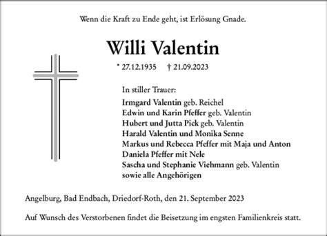 Traueranzeigen Von Willi Valentin Vrm Trauer De