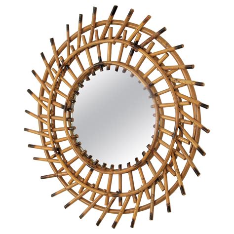 1960s French Riviera Mid Century Modern Rattan Sunburst Mirror Framed