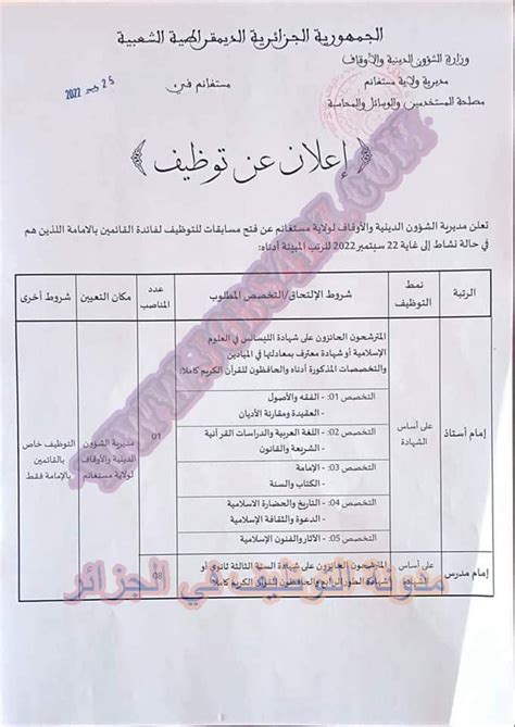 اعلان عن توظيف بمديرية الشؤون الدينية والاوقاف لولاية مستغانم مدونة