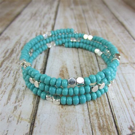 Turquoise Memory Wire Bracelet Beaded Wrap Bracelet Seed Etsy Wire Bracelets Diy Beaded