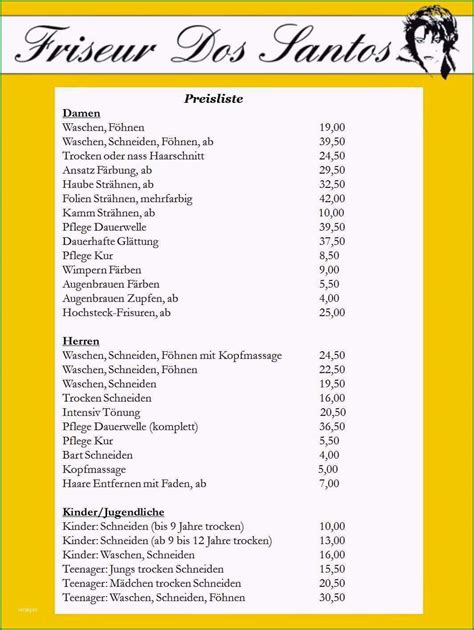 Au Ergew Hnlich Preisliste Vorlage Friseur Befriedigend Preisliste Mit