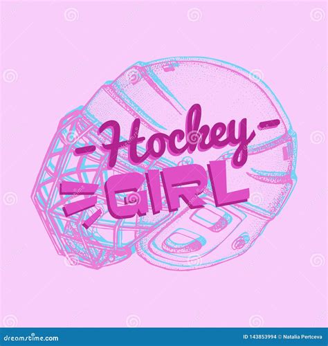 Vector Hockey Girl Lettering Isolated Pink Hockey Helmet With Mask For Woman On Light Pink