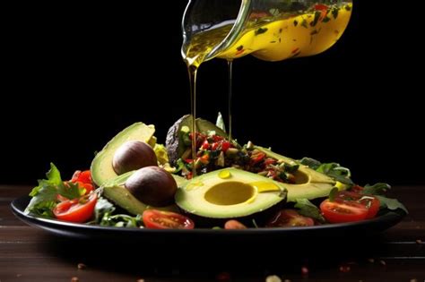 Premium Photo Hand Pouring Olive Oil Onto A Freshly Made Avocado Salad