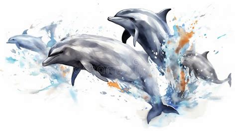 Generative AI, Graceful Leaps: Watercolor Drawing of Dolphins in Mid-Air Stock Illustration ...