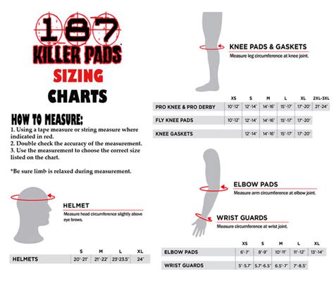 187 Killer Pads Sizing Chart
