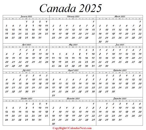 2018 Calendar Canada Printable Free One Page