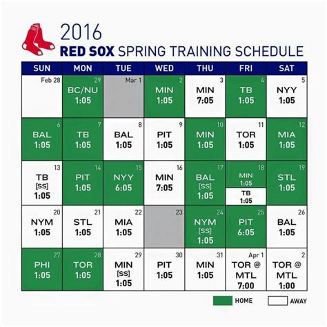 2018 Red Sox Spring Training Schedule Printable