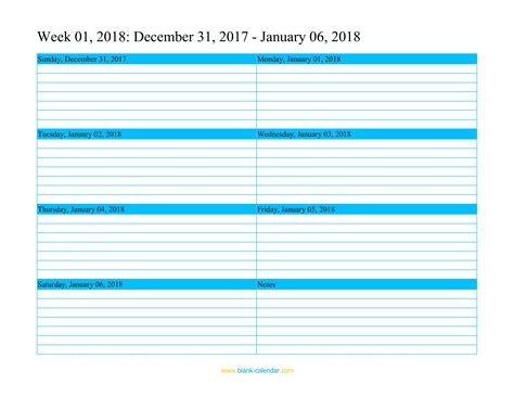 2018 Weekly Printable Calendar