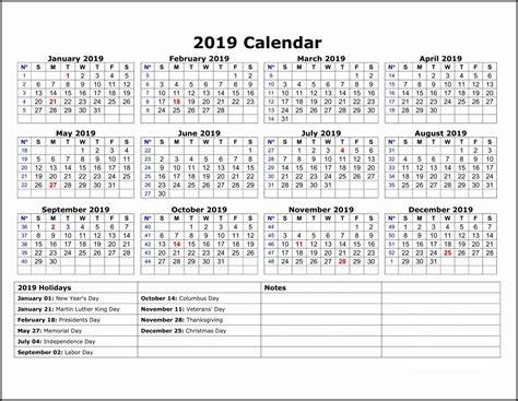 2019 Color Calendar On One Page Free Printable