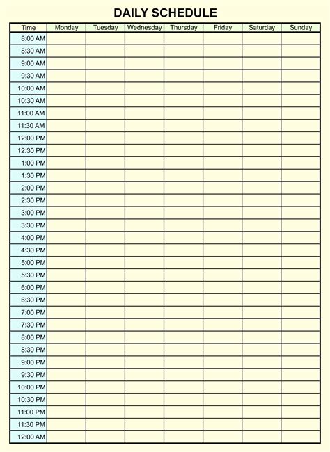 24 Hour Daily Schedule Template