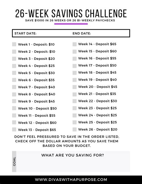 26 Week Savings Challenge Free Printable
