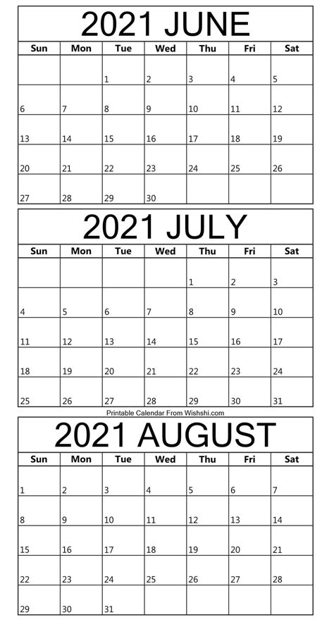 3 Month Calendar Printable June July August 2017