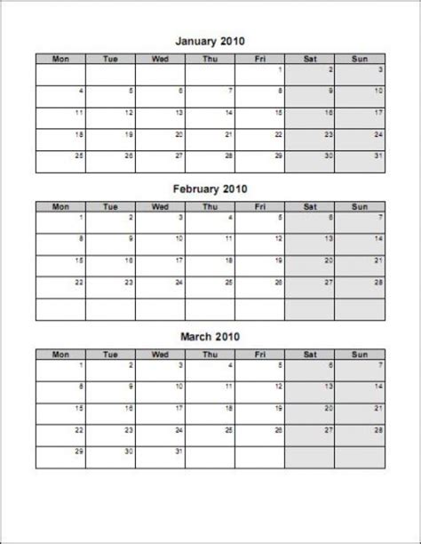 3 Month Calendar Template