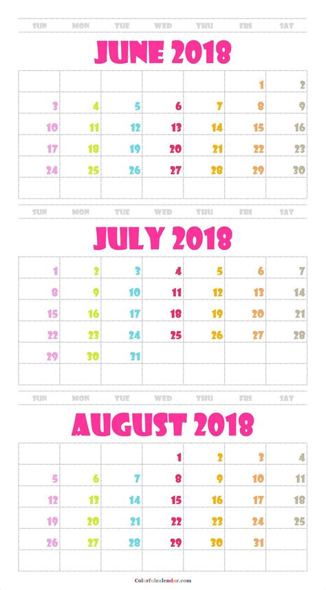 3 Month Printable Calendar June July August 2019