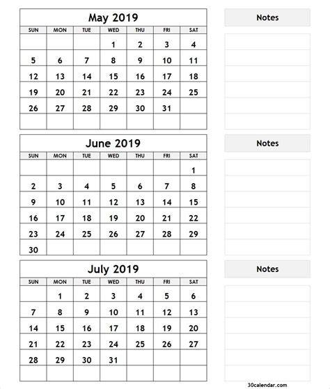 3 Month Printable Calendar May June July 2019