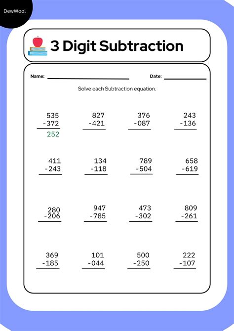 3 Digit Subtraction Printable Worksheets
