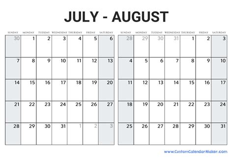 30 Day Calendar Printable July August 2019